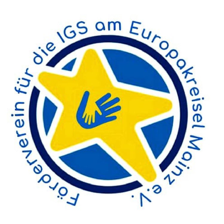 abgewandeltes Logo der IGSAE: blauer, kreisförmiger Hintergrund mit großem gelben Stern. In der Mitte des Sterns liegt eine kleine gelbe Hand auf einer größeren hellblauen. Drumherum der Schriftzug: Förderverein für die IGS am Europakreisel Mainz e.V.