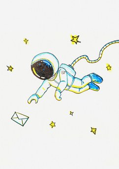 Illustration: Astronaut der in der Luft schwebend und von Sternen umgeben nach einem Brief greift,  